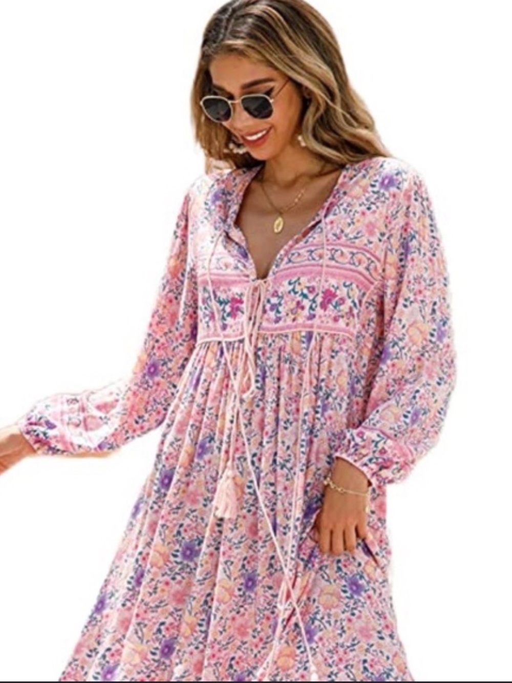 Pink Floral Tassel Midi Dress with Long Sleeves